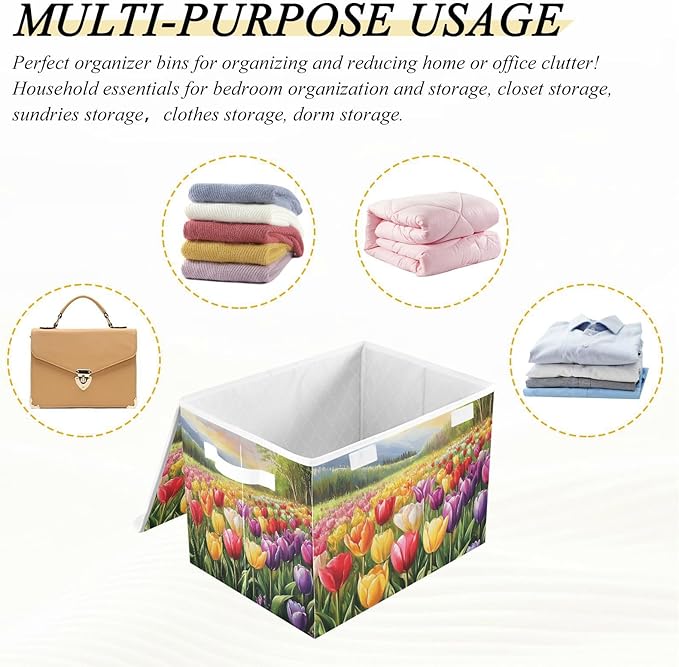 Cartoon Tulips Collapsible Storage Bins with Lids Decorative Fabric Cubes Closet Organizer Basket Boxes Containers for Clothes Box Chest Folding Rectangle