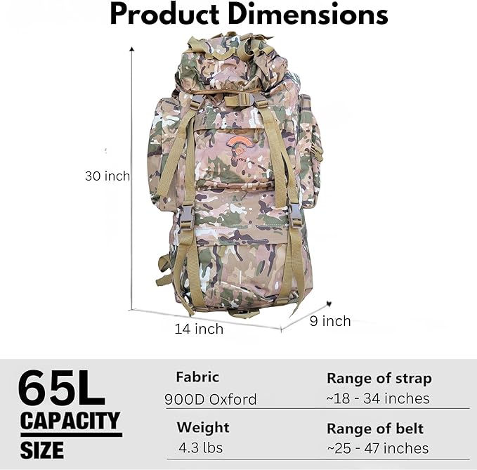 65L Military Backpack – 5DAY RECON Waterproof 900D Oxford Rucksack MOLLE System Heavy Duty Outdoor Bag for Hiking Travel &amp Huntingl (Multicam 65L)