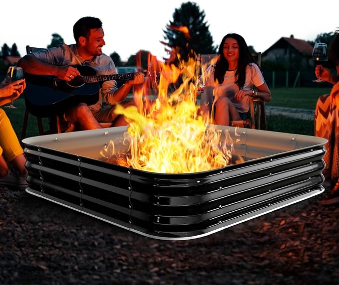 Height 11.5 Inch Square Galvanized Steel Fire Pit for Outside Heavy Duty Steel Fire Pit In-Ground for Backyard Camping Bonfire Flower Raised Garden Bed for Garden (4X4X1 FT)