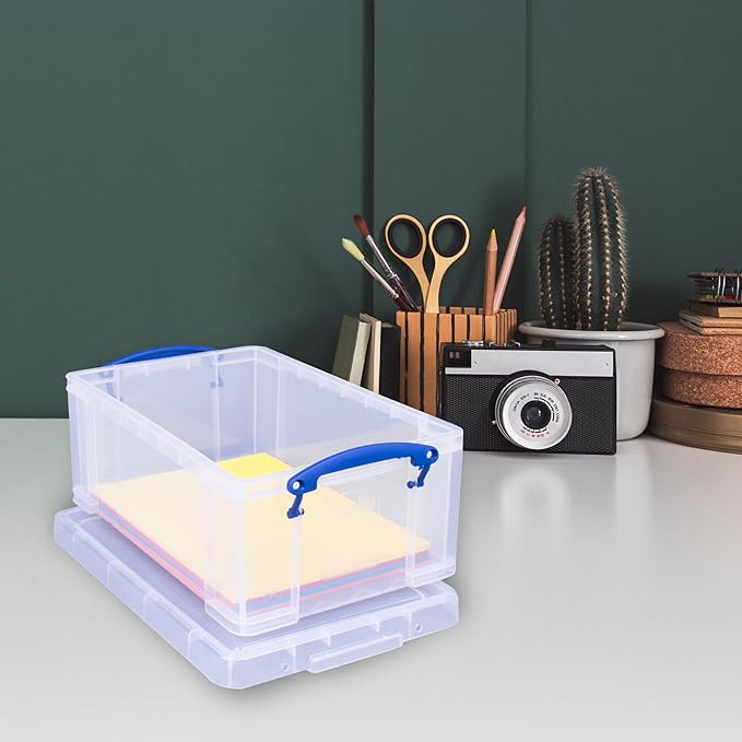 Really Useful Box Stackable 9 Liter Plastic Storage Container Bin with Snap Lid and Built-in Clip Lock Handles for Home &amp Office Organization (3 Pack)
