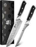 KYOKU Knife Set Shogun Gin Series 2pc Japanese Style Kitchen Knife Set 7 Boning 8 Chef Knife with Silver Ion Blade Sheath Gift Box Sharp Damascus Stainless Steel Knives for Meat Vegetable