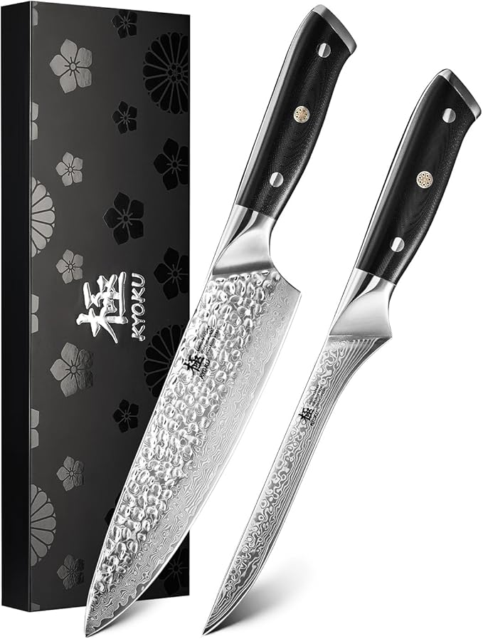 KYOKU Knife Set Shogun Gin Series 2pc Japanese Style Kitchen Knife Set 7 Boning 8 Chef Knife with Silver Ion Blade Sheath Gift Box Sharp Damascus Stainless Steel Knives for Meat Vegetable