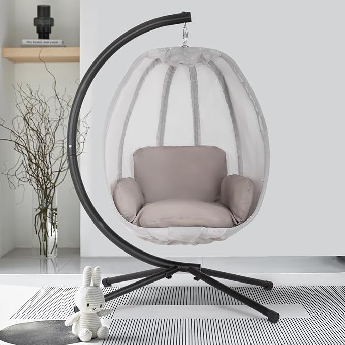 Egg Chair with Comfy Cushions Indoor Outdoor Hanging Chair Sturdy Heavy Duty Hammock Chair with Stand Cushions Breathable Fabric Cover for Patio Bedroom Garden Poolside Grey