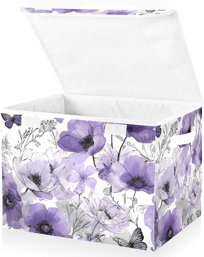 Elegant Purple Flowers Butterflies Storage Box with Lid 1 PC Foldable Storage Bin with Lids Stackable Storage Bins Cube Closet Organizer Basket with Flip-Top Lid &amp Handles for Shoes Books Towels