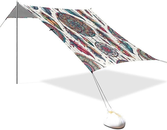 ALAZA Dreamcatcher Boho Beach Tent Sun Shelter UPF50+ Protection Beach Shade Canopy w/ 4 Sandbags for Outdoor Camping Fishing Backyard Fun Picnic 10x9 ft