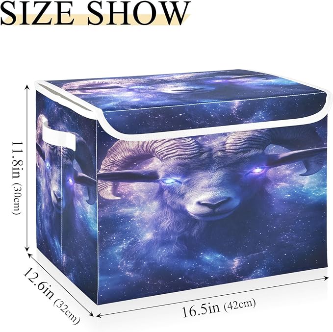 Goat with Glowing Eyes Storage Baskets Lidded Bin Foldable Storage Boxes Cubes Lids with 2 Handles for Organizing Closet Home Office