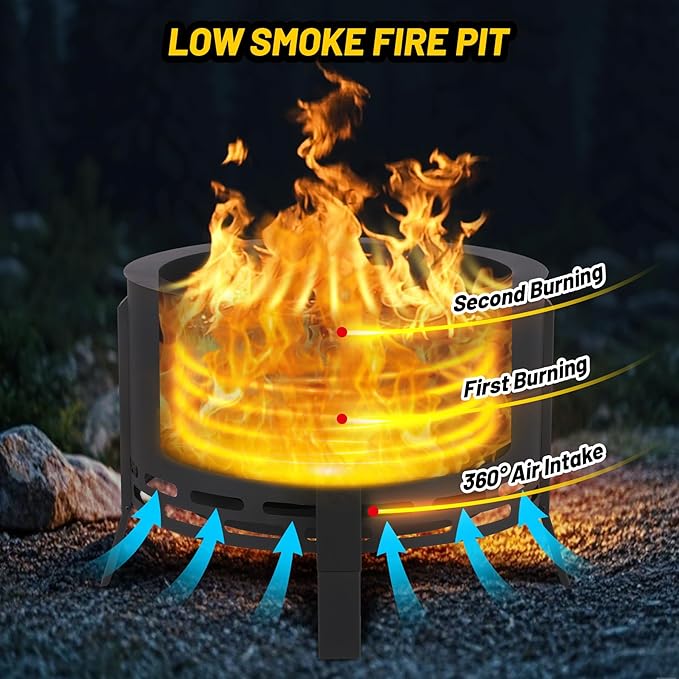 GarveeLife 26 in Smokeless Fire Pit with Ash Tray BaseSmokeless Outdoor Firepits with Adjustable Foot&ampFire PokerFirepit with Dust BagOutdoor Fire Pits for BBQBonfireCamping