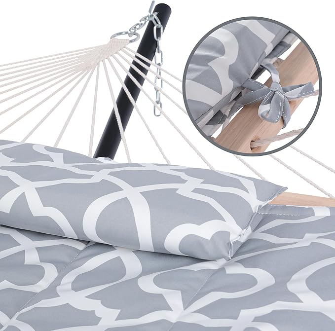 SUNCREAT Outdoor Double Hammock with Stand Two Person Cotton Rope Hammock with Polyester Pad Circle Pattern