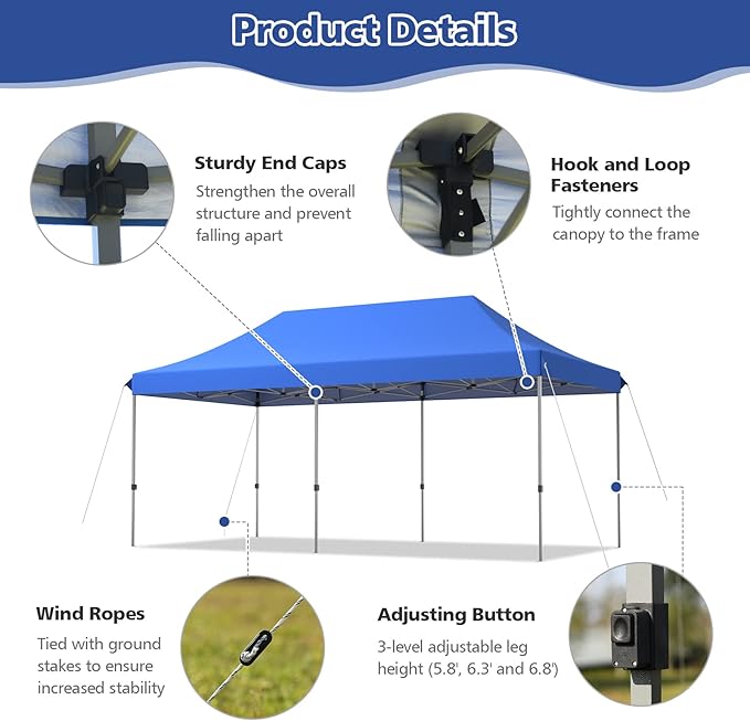 Tangkula 10x20 Ft Pop Up Canopy Tent Easy Set-up Outdoor Commercial Instant Tent with Roller Bag 3 Adjustable Heights Portable Folding Canopy with 200 Square Feet of Shade (Blue)