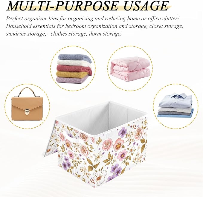 ALAZA Flower Pink 1 Storage Bins Organizer Box Baskets Lidded Clothes for Shelves Closet Collapsible Stackable Storage Cubes Handles