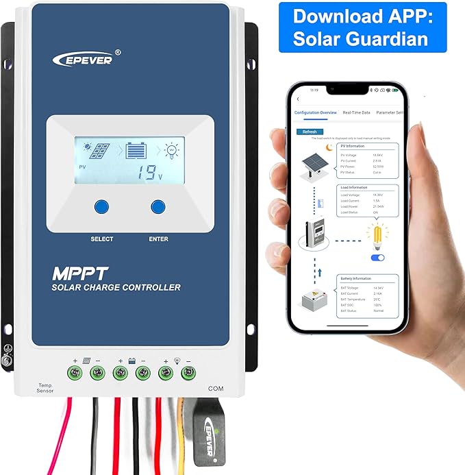 EPEVER 20A MPPT Solar Chagre Controller 12V 24V Auto Max PV 100V Solar Panels Power 260W/520W Charger Regulator Tracer2210AN-G3 for Lead Acid Lithium Battery