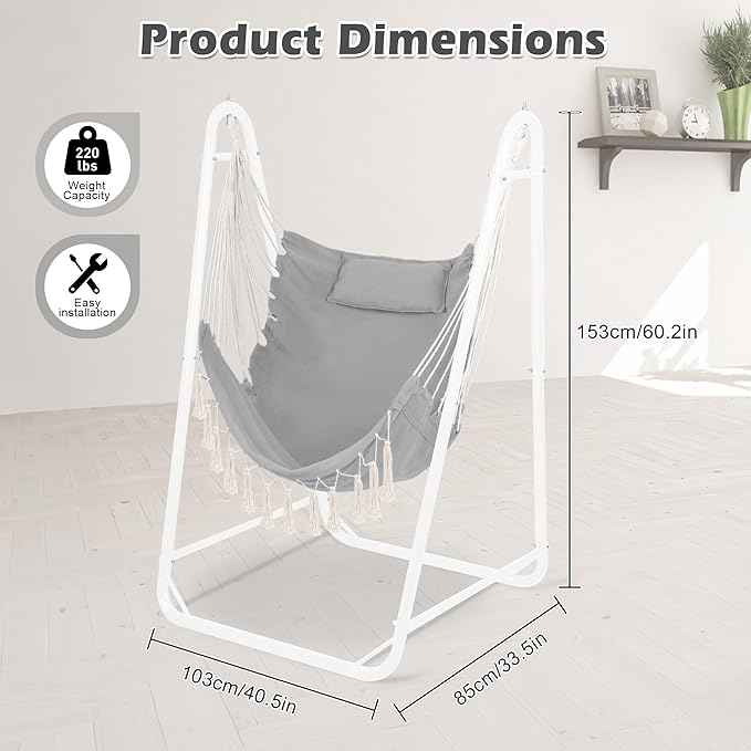 U-Shaped Hammock Chair with Stand Indoor &amp Outdoor Heavy-Duty Metal Frame Hammock Swing Stand Chair with Side Pockets for Brackyard Patio Porch (Light Gray)