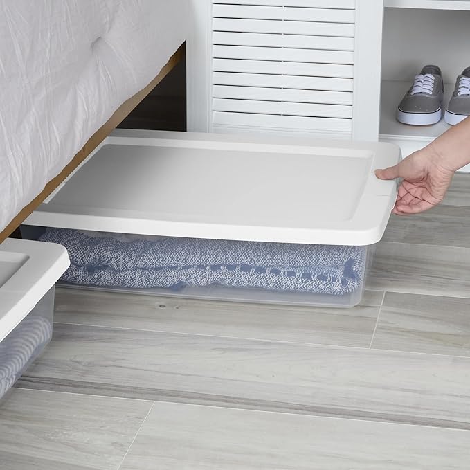 (2 pack) Small Storage Bin 28 Quart Clear Plastic Storage Container with Snap-On Lid White