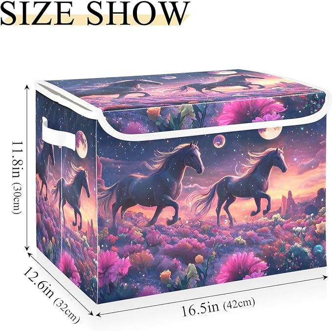 Storage Cube with Lid Surreal Horses Print 16.5×12.6×11.8 IN Collapsible Large Capacity Foldable Storage Basket Bin Organizer