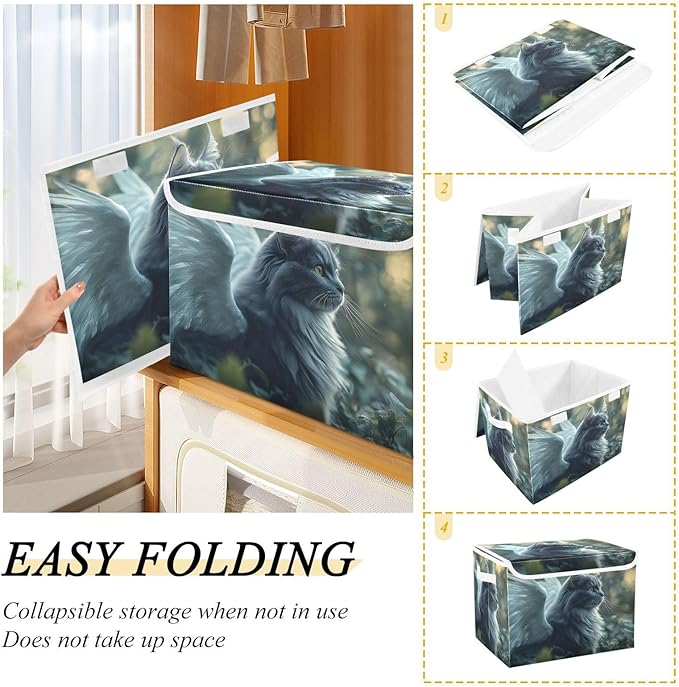 AIXIWAWA Lidded Storage Cube (Cat with Wing) Fabric Foldable Closet Bins with Flip Lid and Handles Organizer Basket Container 16.5 x 12.6 x 11.8 IN