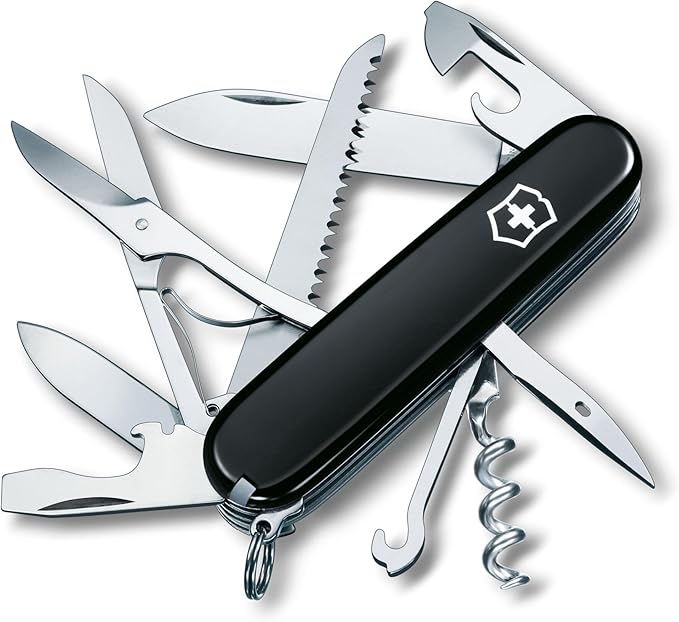 Victorinox Huntsman Swiss Army Knife 15 Functions Swiss Made Pocket Knife with Large Blade Screwdriver Scissors and Wood Saw - Black