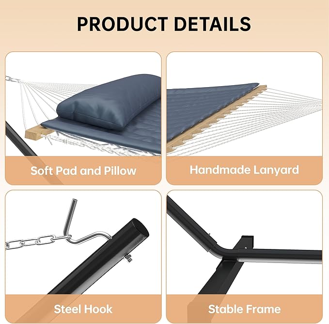 Hammock with Stand 2 Person Heavy Duty Hammock with Soft Pillow &amp Balance Ropes Stand Alone Hammock Portable Outdoor Hammock for PatioBeach Backyard(Grey