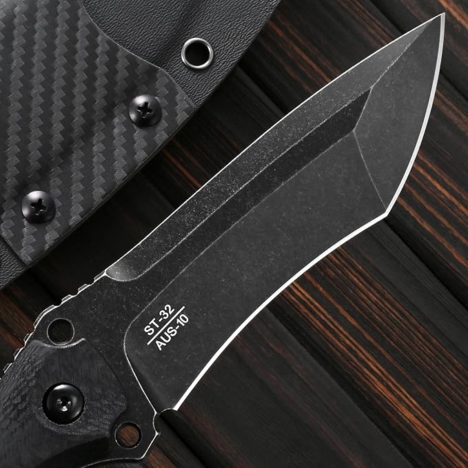 Sitivien ST32 Fixed Blade Knife AUS-10 Black Stonewashed Steel Carbon Fiber Handle Full Tang Knife for Outdoor Working Camping Hunting Fishing(Black)