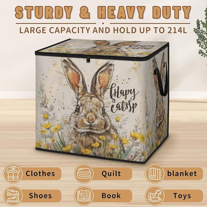 XL Large Clothes Storage with Lid Handle Rabbit Large Thick Clothes Blanket Storage Containers for Organizing Bedroom Closet Comforter Easter Bunny Farm Cartoon Animals