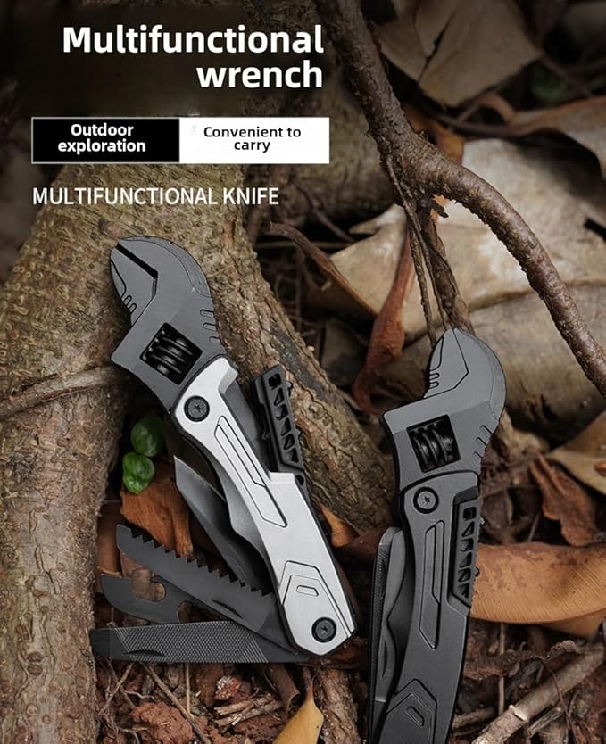 Multi-tool spanners adjustable spanners hammers knives steel files can openers hexagonal wrenches double-row saws for maintenance camping and Gifts (black)