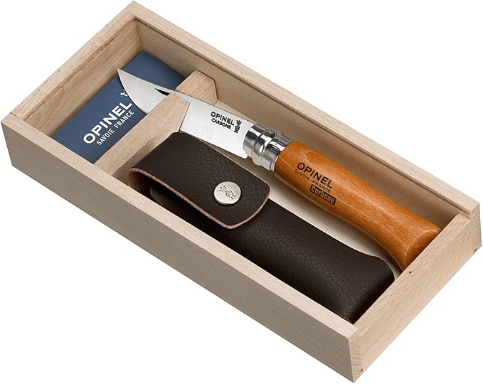 Opinel Carbon No. 8 Folding Pocket Knife with Sheath Wooden Slide Gift Box