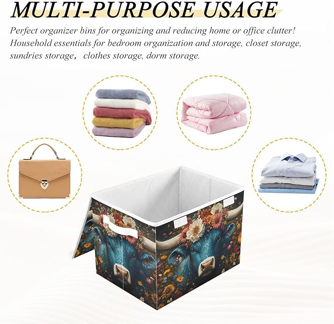 AIXIWAWA Lidded Storage Cube (Cow Flowers) Fabric Foldable Closet Bins with Flip Lid and Handles Organizer Basket Container 16.5 x 12.6 x 11.8 IN