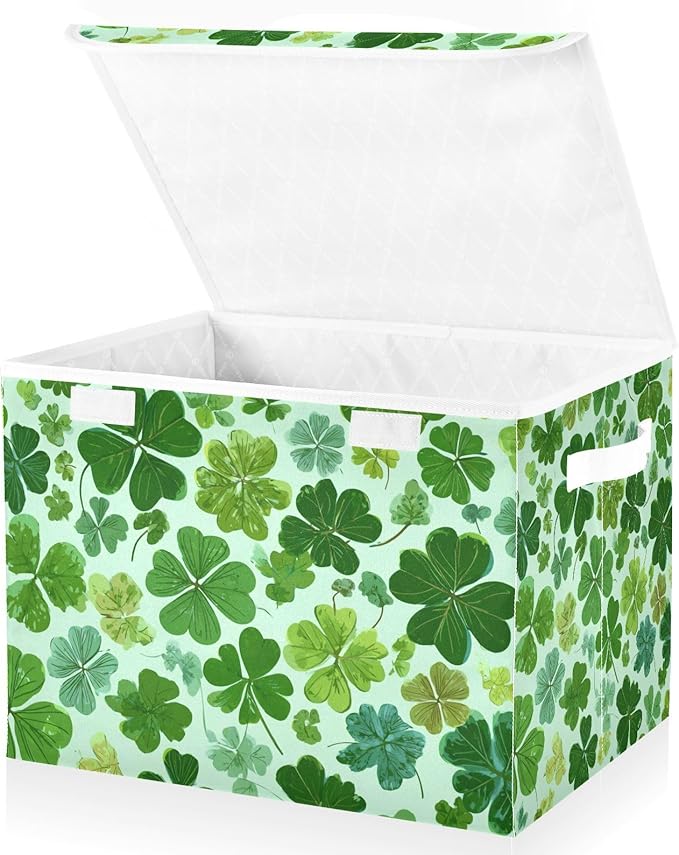 Storage Bins with Lids Storage Containers Box Organizer Bin Basket with Handles for Closet Shelves Clothes Stackable Foldable Decorative Green Nature St Patrick Clovers