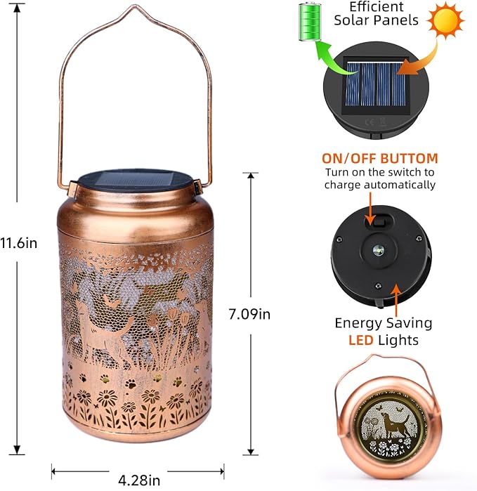 Mothers Day Gifts Dog Solar Lanterns Outdoor Waterproof Garden Decor Solar Lights Gifts for Women Men Mom Hanging Lantern LED Light Metal Dog Decoration Outside for YardLawnPorchPatioTabletop