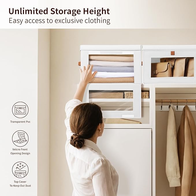 Homsorout Large Clothing Storage Bins - Collapsible Boxes with Handles &amp Window Decorative Organizer Bins with Lids Fabric Containers for Living Room Dorm 4 Pack White