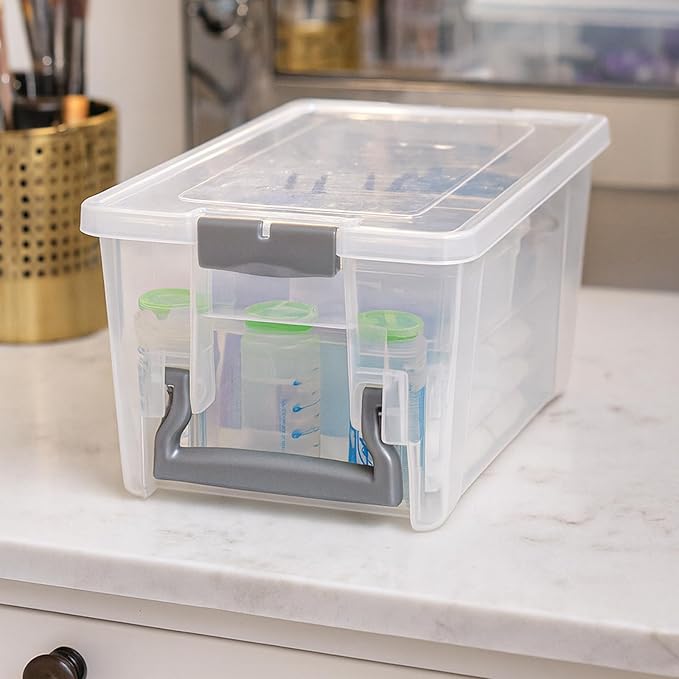 Best Kept Semi Satchel with Removable Dividers Stackable Home Storage Organization Container Clear with Sliver Latches and Handle