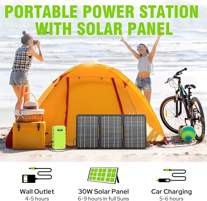 powkey 24000mAh/65W Solar Generator 30W with Panels Included 88Wh Portable Power Station with AC Outlet Lithium Battery Rechargeable Powered Bank with 110V AC Outlet for Emergency (Green+Black)