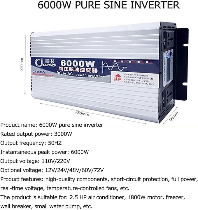 6000W 8000W 10000W 12000W Pure Sine Wave Inverter 12V/24V/48V/60V/72V DC to 110V/220V AC Power Inverter Voltage Converter Transformer for HomeRVTruckOff-Grid Solar~/