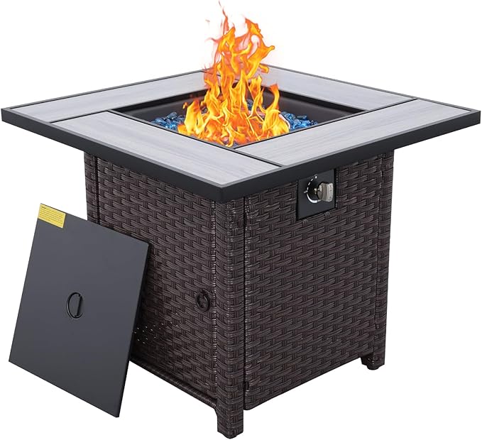 Outdoor Propane Fire Pit 30 Inch PE Wicker Patio Firepit Table with Fire Glass for Outside Parties and Gatherings on Garden Backyard Porch