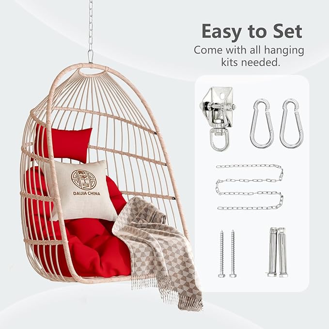 Hanging Egg Chair with Pillow HDPE Rattan Foldable Swing Chair with Aluminum Frame &amp UV Resistant Cushion Hammock Egg Basket Without Stand for Indoor Outdoor 350Lbs Capacity (Red Cushion)