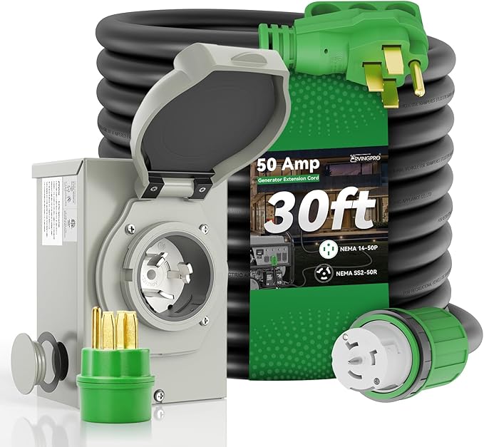 50 Amp Generator Cord 30FT and Power Inlet Box Pre-Drilled 50 Amp Generator Inlet Box with Cord NEMA 14-50P to SS2-50R Generator Cord Waterproof Combo Kit ETL Listed