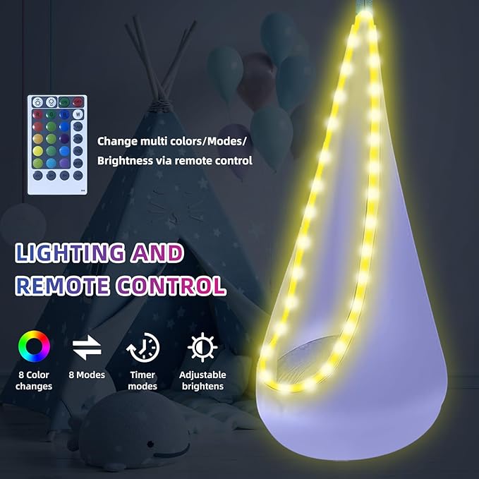 Light Up Swing Chair Hammock Chair Indoor Outdoor for Kids Pod with LED Lights Soft and Safe 176 lb. Load Capacity Easy Installation Perfect for Bedroom Garden and Playroom (Violet)