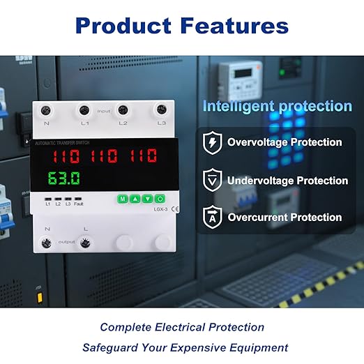 63A 110/120V Triple Power Automatic Transfer SwitchAutomatic Switching Between Utility Power、Generator and InverterOvercurrent ProtectionOvervoltage and undervoltage Protection