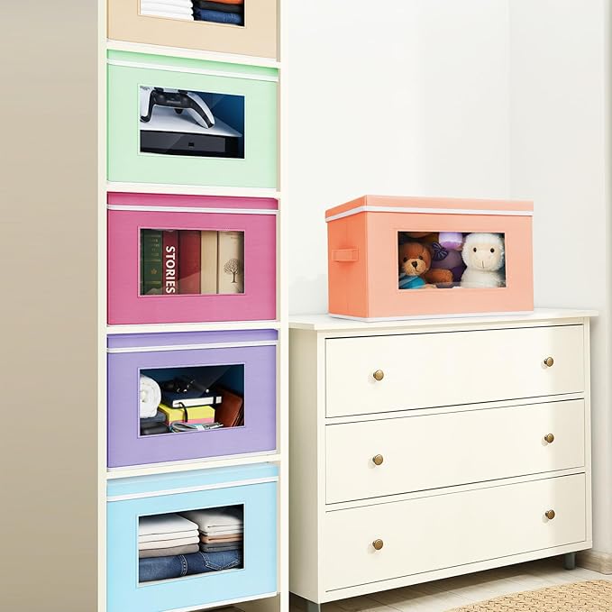 Threehoney 10 Pcs Fabric Storage Cubes with Lids and Clear Windows 14x10 Inch Foldable Closet Organizer Bins Aesthetic Pastel Storage Bins for Shelves Dorm Essentials Craft &amp Office Organization