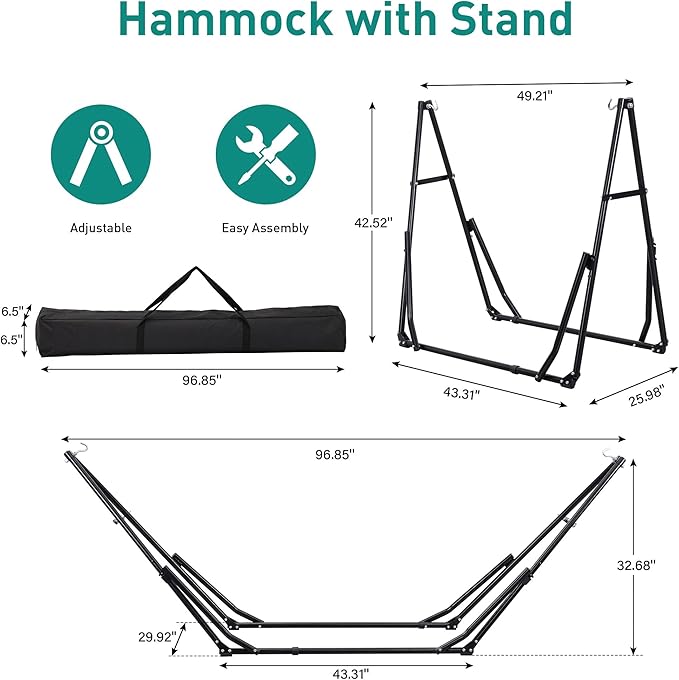 Ainfox Hammock with Foldable Stand 2 in 1 Hammock and Swinging Chair with Carrying Bag Portable Camping Chair Suitable for Outside SwingPatioGardenCamping Trip Black