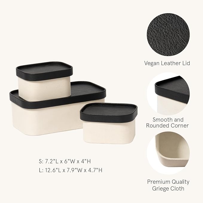 LA JOLIE MUSE Fluted Cardboard Storage Baskets with Leather-Like Lids Sturdy Stackable Paper Boxes Decorative Tray Black &amp Beige Set of 3