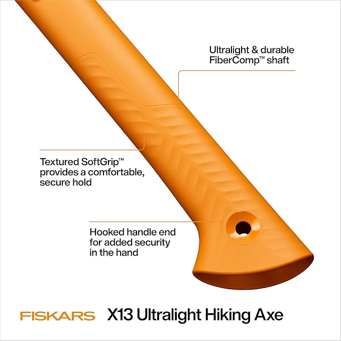 Fiskars X13 Ultralight Hiking Axe 13 Ultra-Sharp Forged Steel Blade for Efficient Chopping &amp Camping 15% Lighter High-Visibility Orange FiberComp Handle Drives Tent Stakes Sheath Included