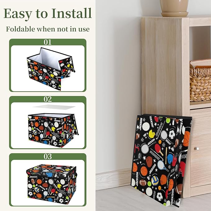 Sport Basketball Soccer Custom Storage Bins with Lid Foldable Fabric Personalized Storage Basket Box with Handle Storage Organizer Container for Home Bedroom Closet
