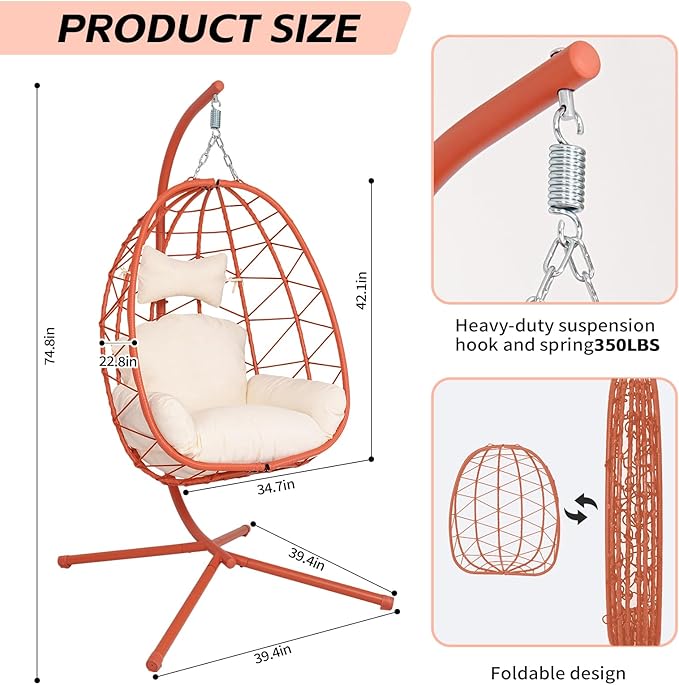 Hanging Egg Chair with Stand Outdoor Indoor Patio Rattan Swing Hammock Chairs with Washable Cushion PE Wicker Swing Chair for Backyard Bedroom Garden (Orange Red +White Cushion No Footrest)