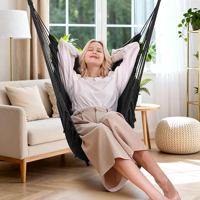 Y- STOP Hammock Chair Hanging Rope Swing Max 500 Lbs 2 Cushions Included Large Macrame Hanging Chair with Pocket Cotton Weave for Superior Comfort Durability (Dark Grey)