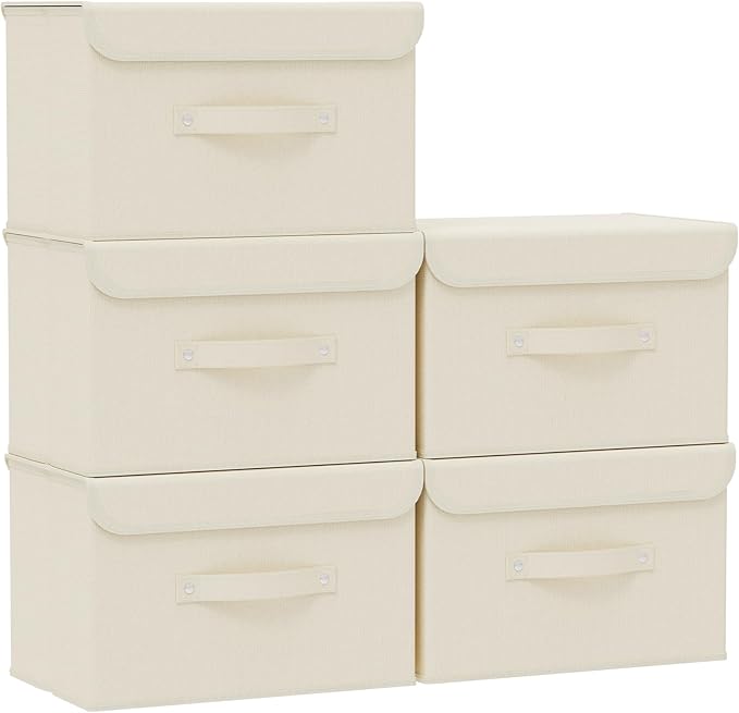Fabric Storage Bins Cube Organizers with Flip-Top Lid and HandlesStorage Boxes for Organizing HomeOfficeand ClosetBeige5 Pack 15 x 9.8 x 9.8 in