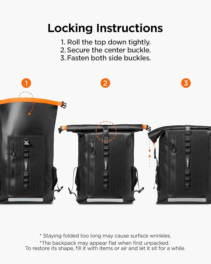 Spigen for Waterproof Backpack IPX6 35L Roll Top Travel Rucksack Fits up to 16 Inch Laptop Multi-Compartment Bag Ventilated Back Chest Strap Hiking Camping Swimming Canoeing Fishing