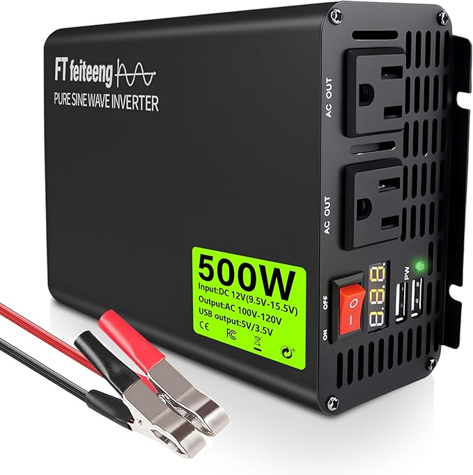 500w Inverter 12v Dc to 110v/120v Ac Car Power Inverter 2 Ac Outlets and Display Includes 5v 3.4a USB Port Suitable for Vehicles/Rv/Home/Camping with 1000w Surge Protection