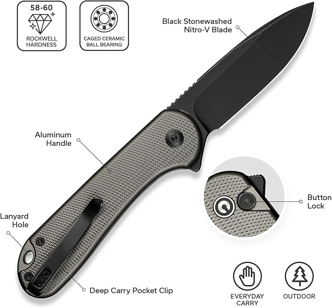 CIVIVI Elementum II Pocket Folding Knife 2.96 Nitro-V Steel Blade Aluminum Handle Knife with Deep Carry Pocket Clip for EDC Camping Hiking Hunting C18062PD-1 Gray