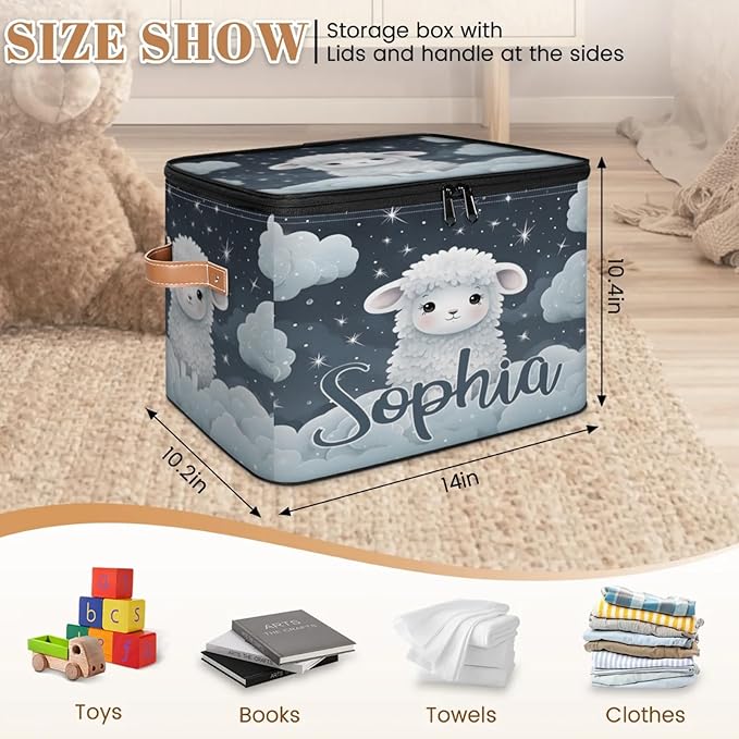 Custom Storage Basket with Name Personalized Storage Bins with Zipper Lid Foldable Fabric Storage Box Large capacity with Handle Cloud Sheep