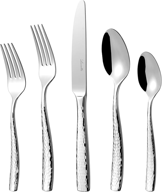 Luciella Ponza Flatware Set for 12 65-Piece Stainless Steel Silverware Set with Serving Utensils Timeless Hammered Design Rust-Resistant Mirror Polished &amp Dishwasher Safe Mothers Day Gifts